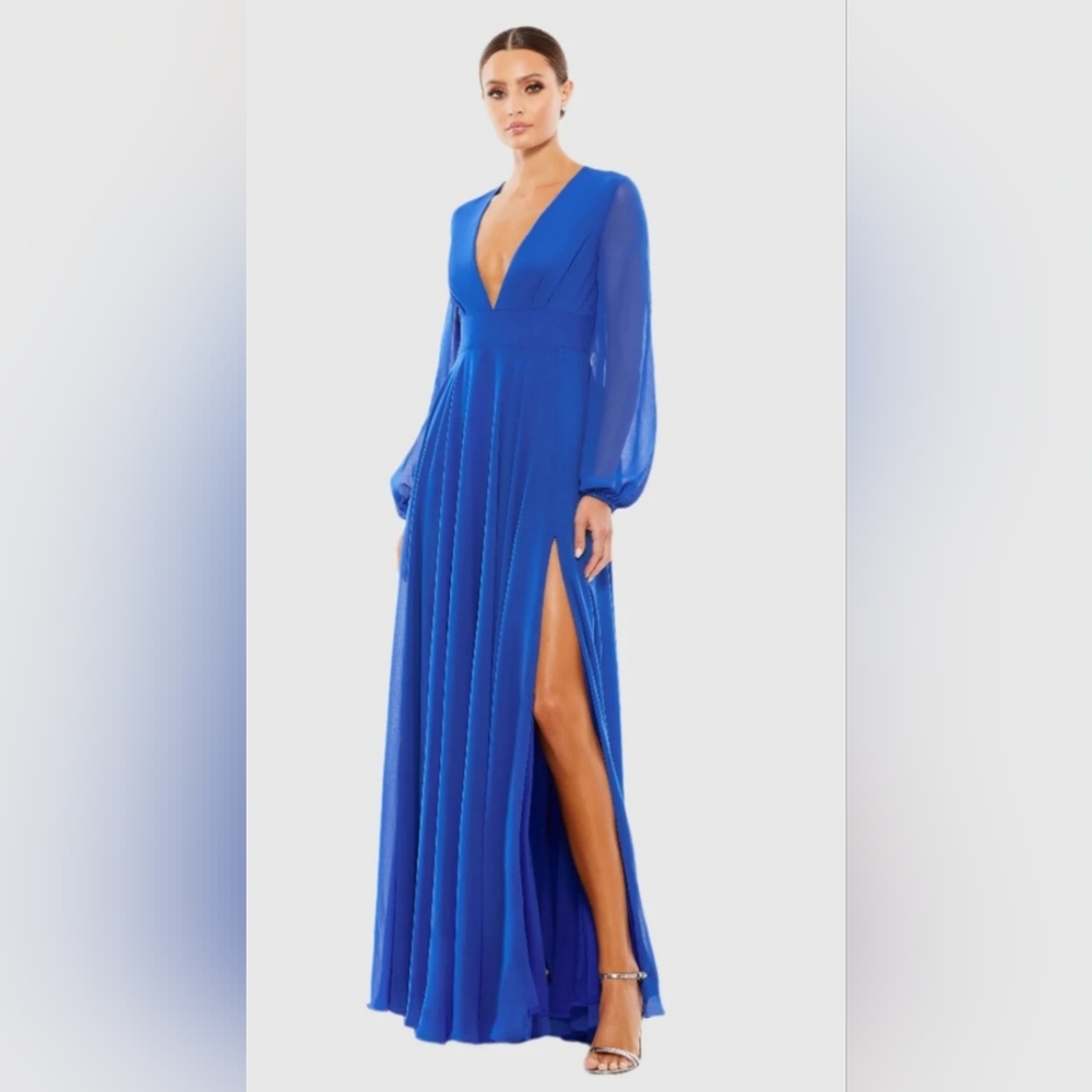 Mac Duggal Blue V-Neck Illusion Long Sleeve Chiffon Gown, 55682, Size 8 Woman's